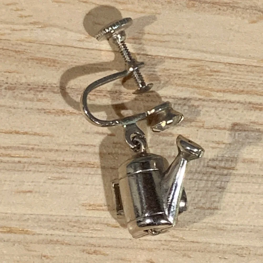 Vintage Watering Can Single Earring Women Silver Tone Rhinestone Gardening